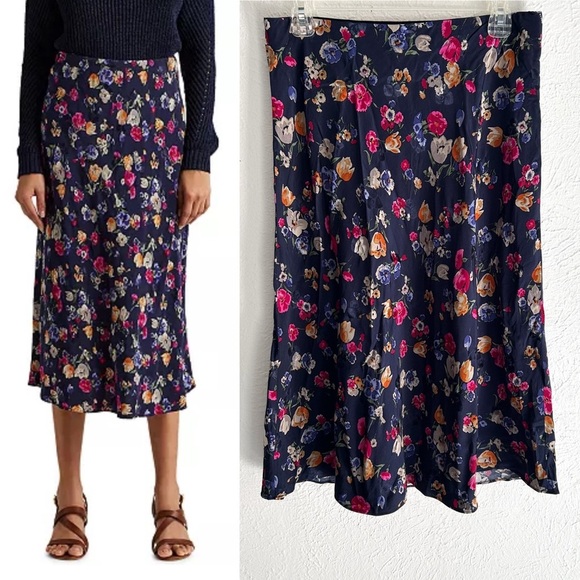 Lauren Ralph Lauren Floral Midi Skirt 6 Petite Navy Whimsigoth - Picture 1 of 6
